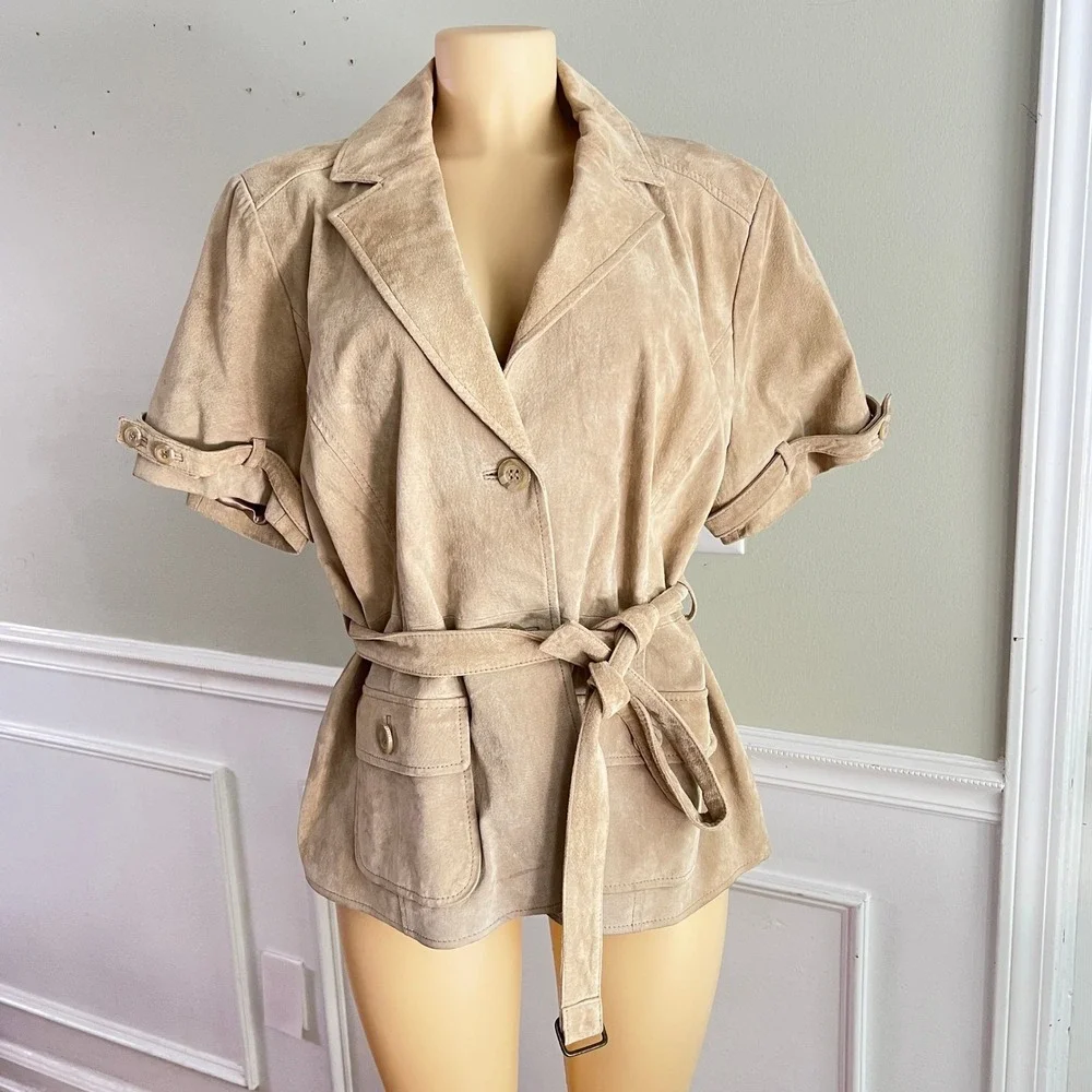 Bradley Suede Safari Jacket Women Short Sleeve Belted Tan Retro Western Boho